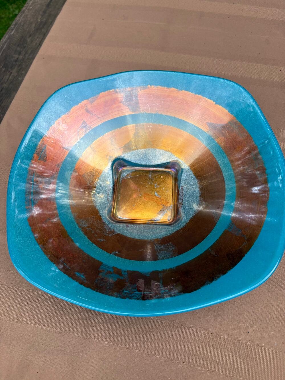 Large Teal & Copper Iridescent Italian-Style Art Glass Bowl Hand Decorated Style